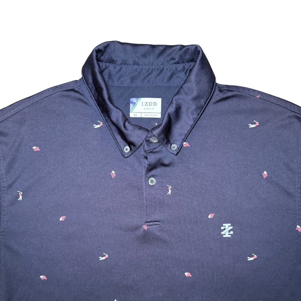 IZOD Golf Polo Shirt Mens XL Eggplant Color American Flag Golfer Print